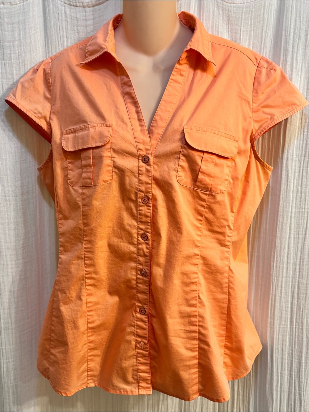 New York & Company Women's Orange Solid Stretch Collared Button-Up Size L